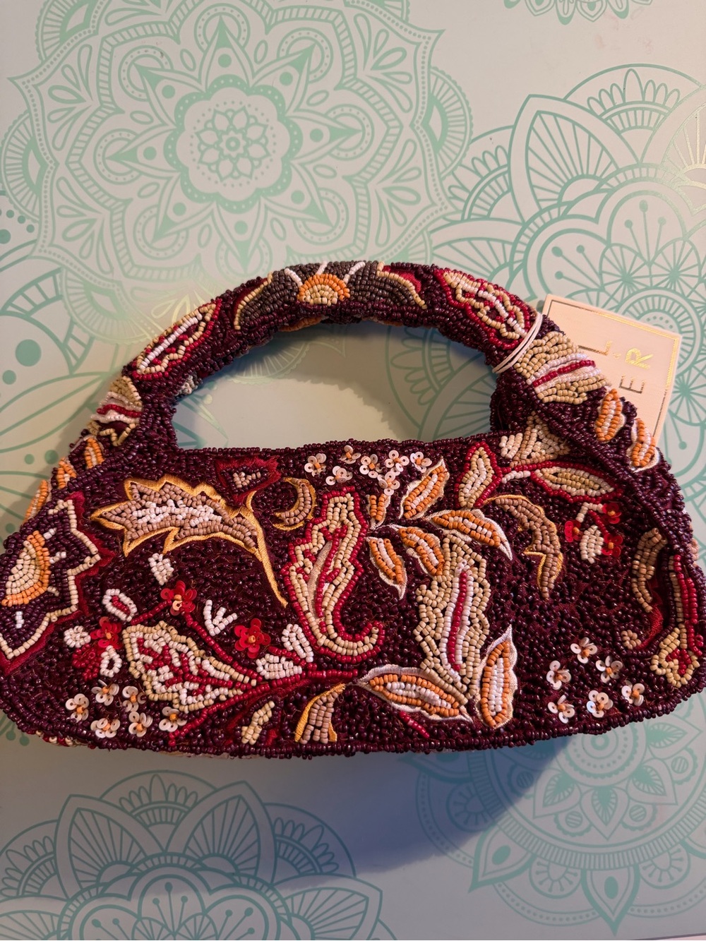 Beaded Burgundy Floral Mini Handle Bag NWT